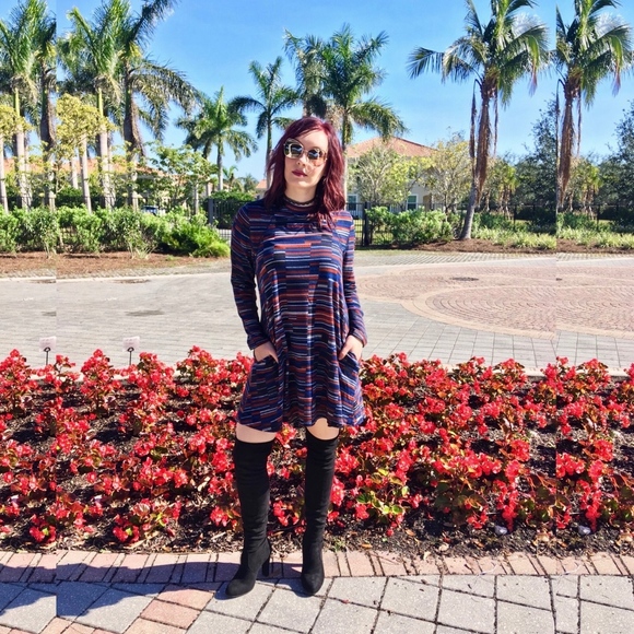 Glamvault Dresses & Skirts - Navy Multi Long Sleeve Stripe Dress